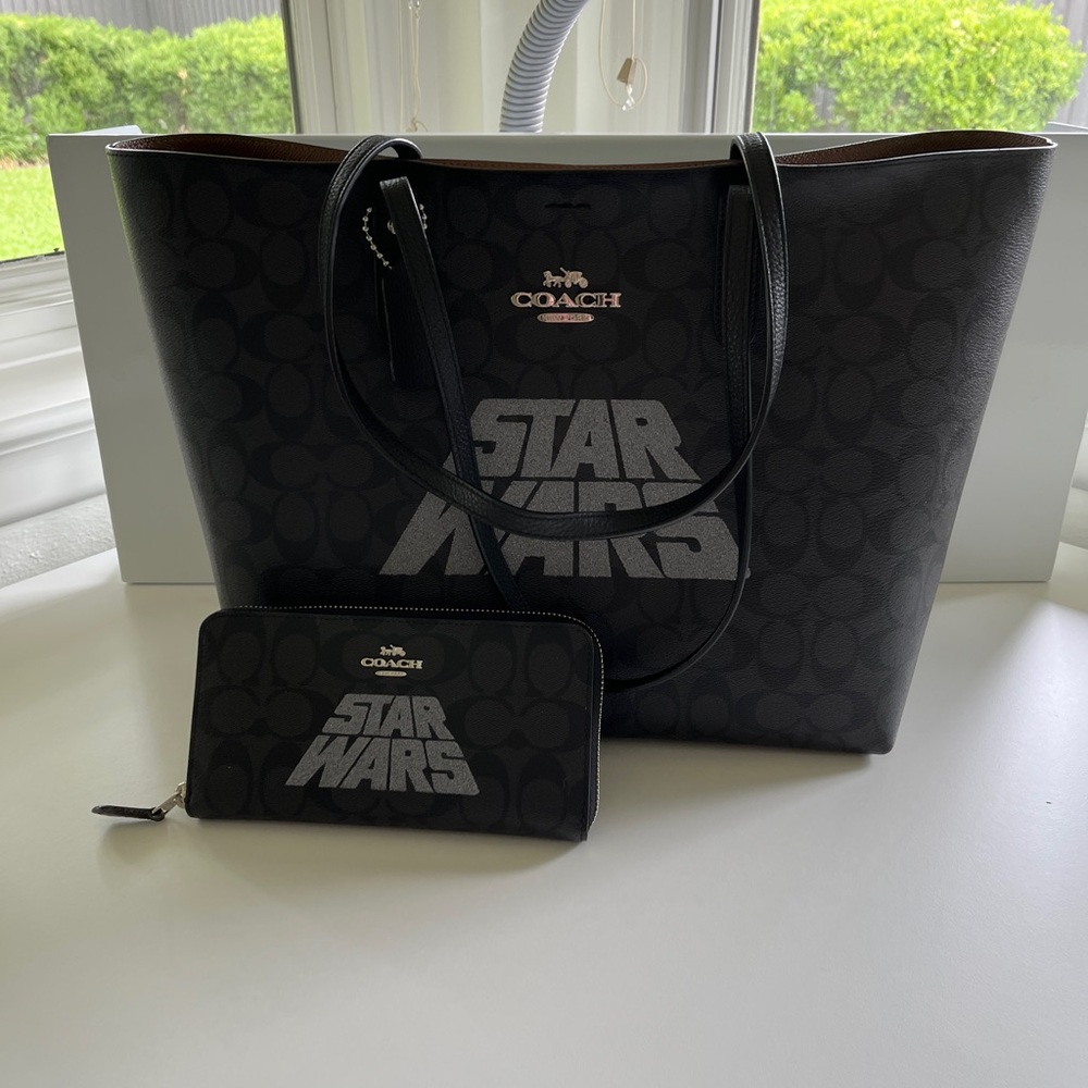 Coach Star Wars Black and Brown Leather Handbag Tote and Wallet Monogram Glitter